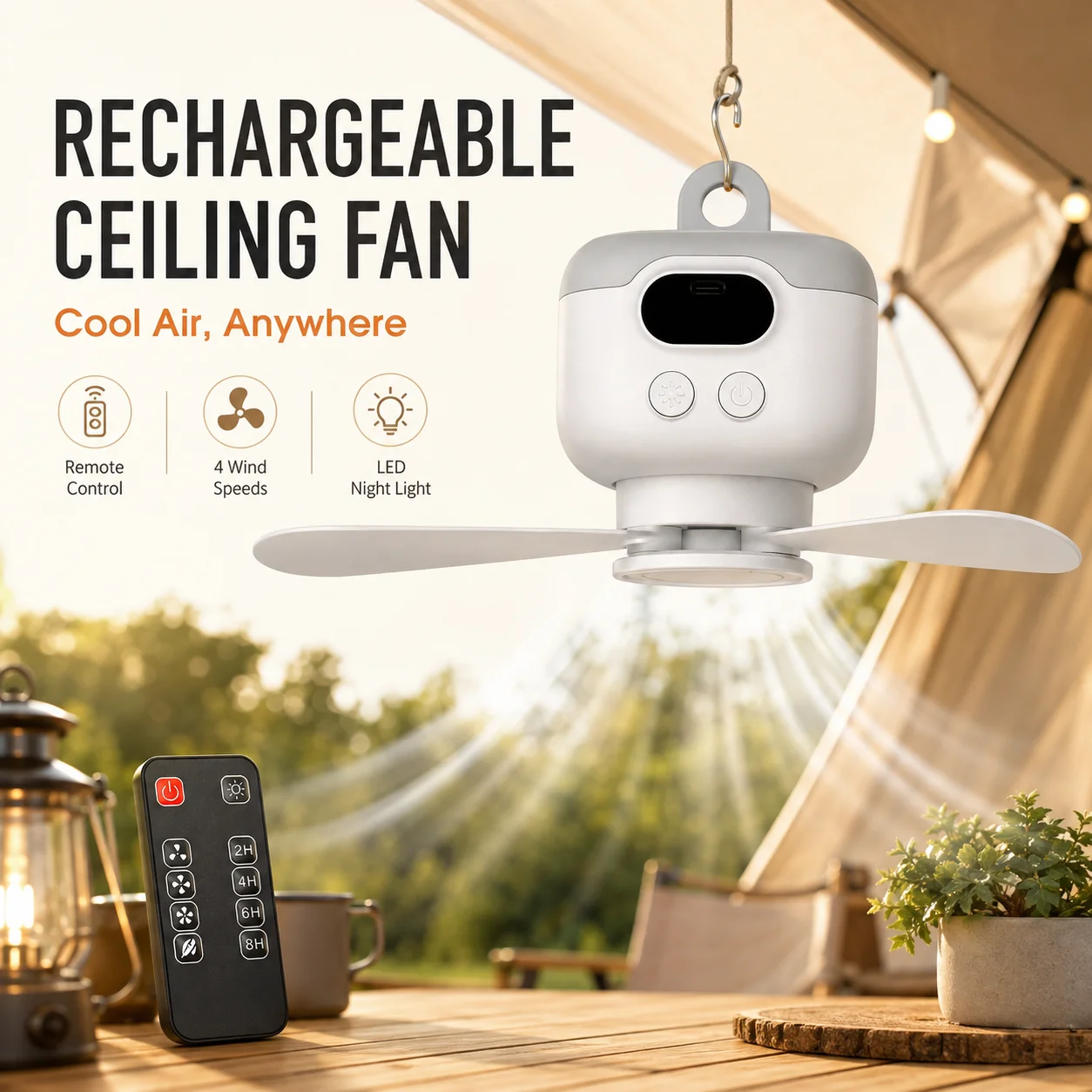 Remote Control Large Size Ceiling Fan USB Wireless Cooling Fan 8000mAh/USB Powered Portable LED Night Light Camping Ceiling Fan