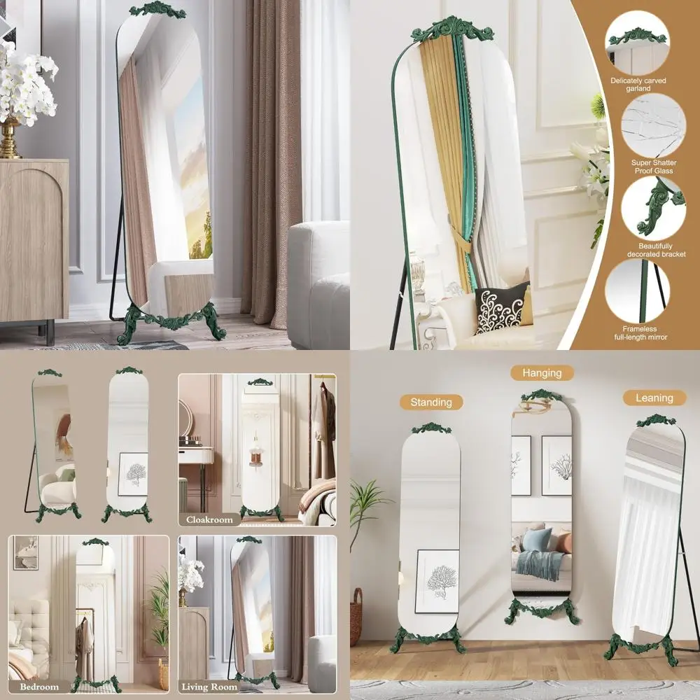 大型でエレガントなゴシックヴィンテージ彫刻入り全身アーチ型ウォールミラー（スタンド付き）、グリーンモダン装飾、高さ61.5インチ x 幅20インチ