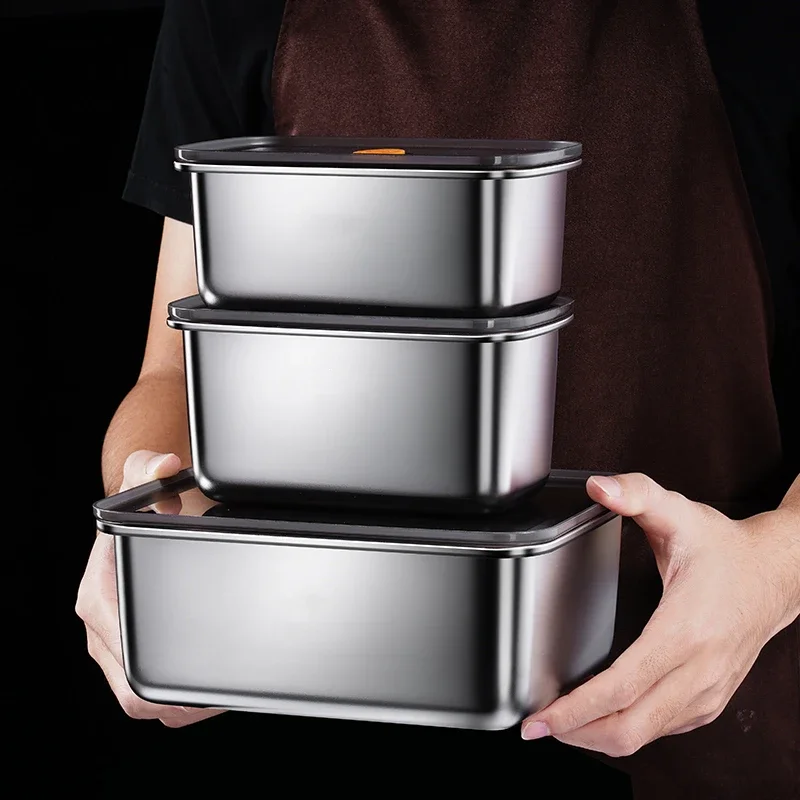 

99.9% Anti-bacterial Preservation Box LFGB Certificate 316L Stainless Steel Crisper 0.5mm Thickness Fruit Meat Fresh Keeping Box