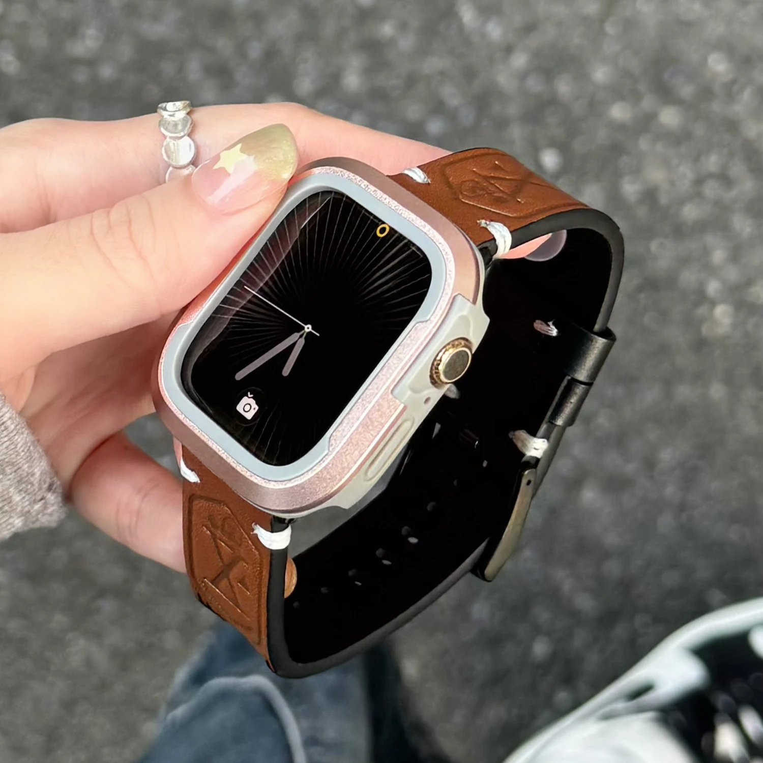 Retro contrasting crazy horse leather strap for Apple Watch Ultra 49mm 38 40 41 44 45 personalized unique strap for iwatch S12 1