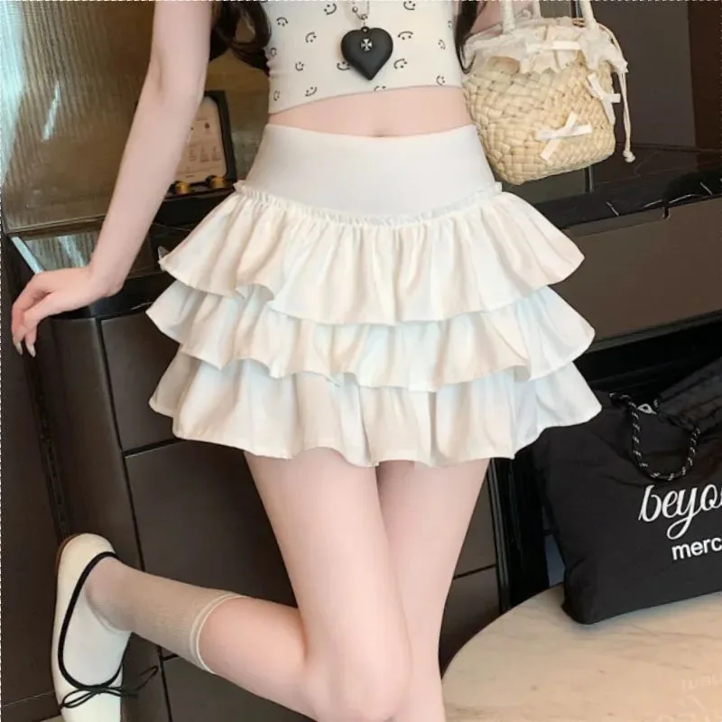 Korean Puffy Ruffles Cake Mini Skirt Women Kawaii Cute High Waist A-Line Skirts Girl's Fashion Streetwear Anti-Glare Short Skirt