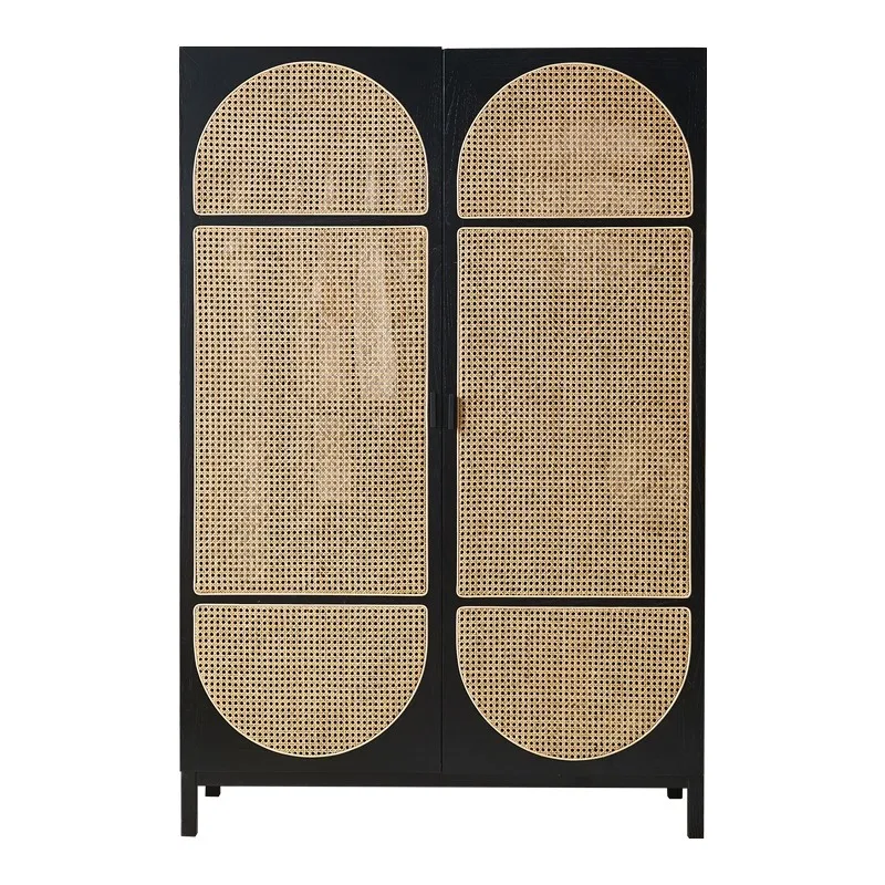 Nordic solid wood rattan wardrobe storage locker simple modern black cabinet bed and breakfast bedroom double door coat cabinet