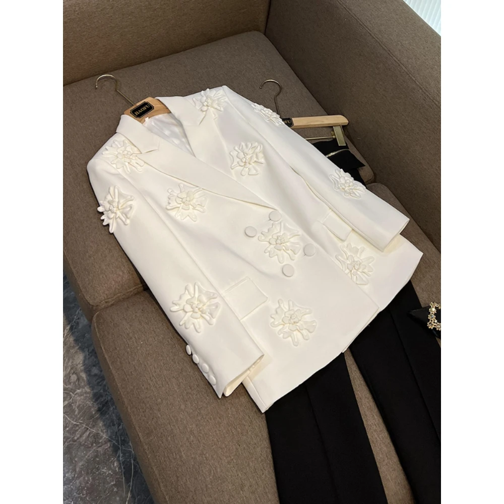 

2025 High End Brand Double-breasted Stereo Flower Decoration Long Sleeve Notched Office Runway Party Suit Outwear White