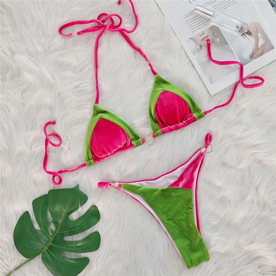 Splicing Neckholder Bikini mit hohem Beinausschnitt und Polsterung, Damen-Badeanzug, zweiteiliges Bikini-Set, Badebekleidung, Badeanzug, Schwimmanzug V6148 – Detail 7