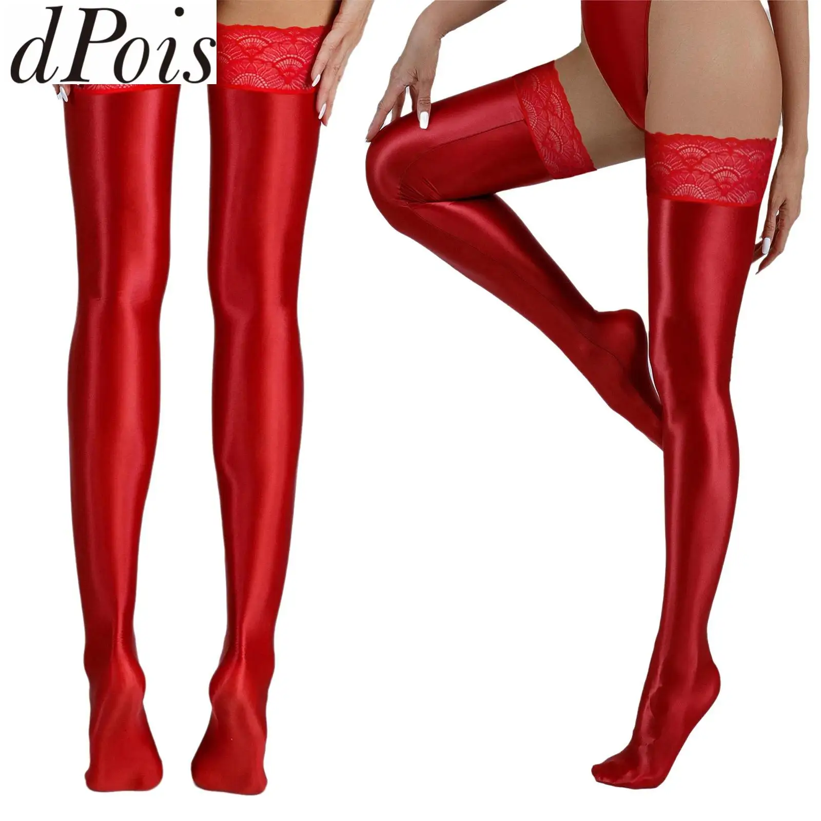 

Women Shiny Thigh High Stocking Lace Top Patchwork Glossy Metallic Shimmery Oil Utra-Thin Over Knee Stockings Party Club Cosplay