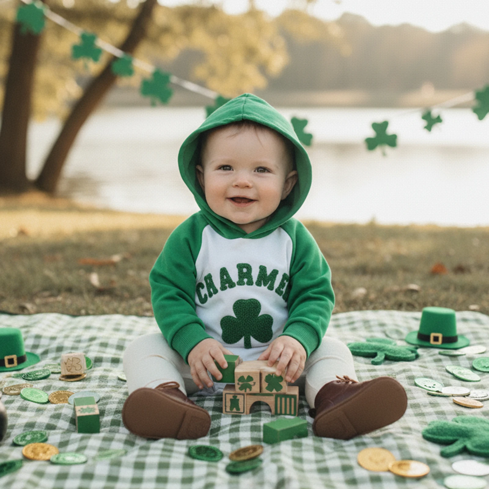 

Ирландский комбинезон для маленьких мальчиков и девочек, боди с капюшоном и длинными рукавами, трилистник и вышивкой букв, комбинезон для новорожденных
