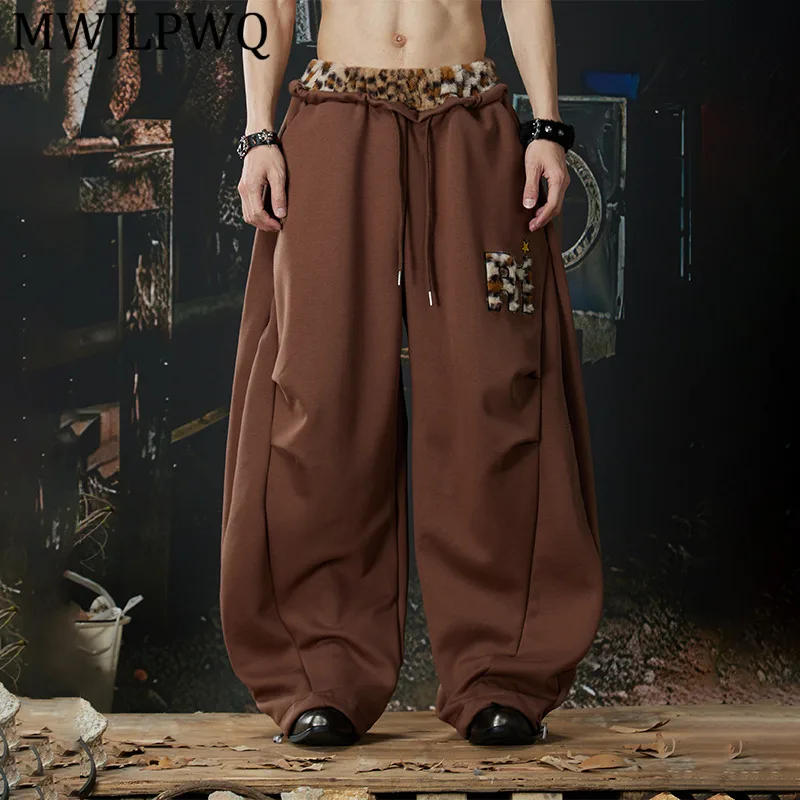 

Мужские брюки MWJLPWQ в уличном стиле с леопардовым принтом, бархатистые на ощупь, новые, свободного кроя, с двойными штанинами, деконструированные, плиссированные, 14221