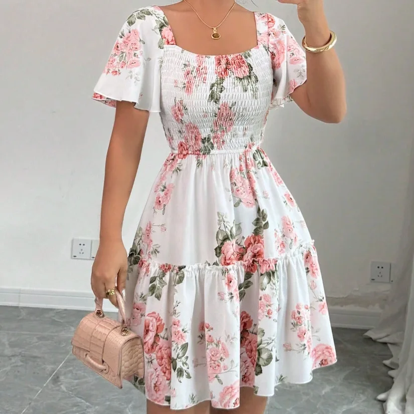 Vintage Floral Print Square Neck Smocked Bodice Ruffle Short Sleeve A-Line Mini Dress Summer Boho Beach Party Sundress Women