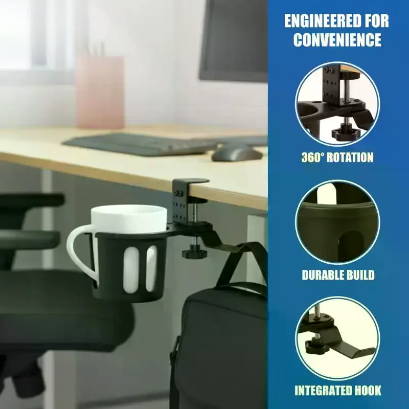 

2 In 1 Universal Desk Cup Holder Adjustable Upgraded Arm Clamp Stand 360 Degree Rotating Table Edge Clamp Anti-Fall Cup Holder