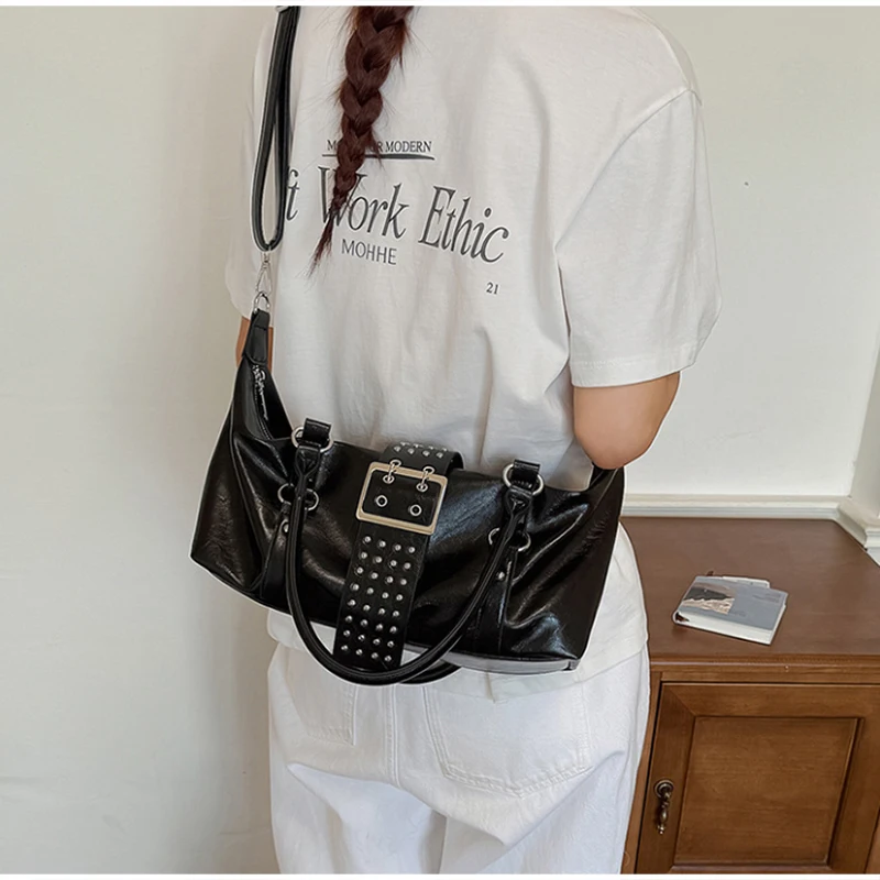 Y2k Nieten-Gürtelschnallen-Handtasche, Damen Motorrad Biker Punk-Stil Metall-Nieten-Schultertasche, Koreanische Y2k Mädchen Reißverschluss-Tragetasche – Detail 31