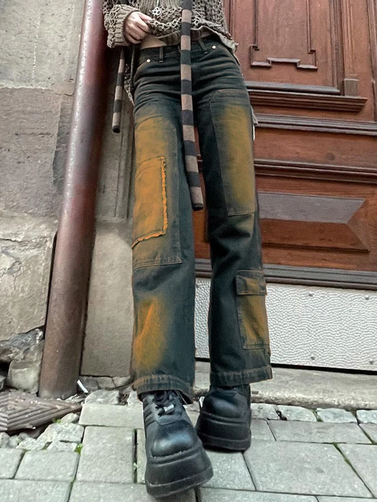 Pantaloni in Denim a gamba larga con tasche alla moda coreana da donna y2k Jeans Cargo Vintage Grunge Streetwear pantaloni larghi a vita bassa