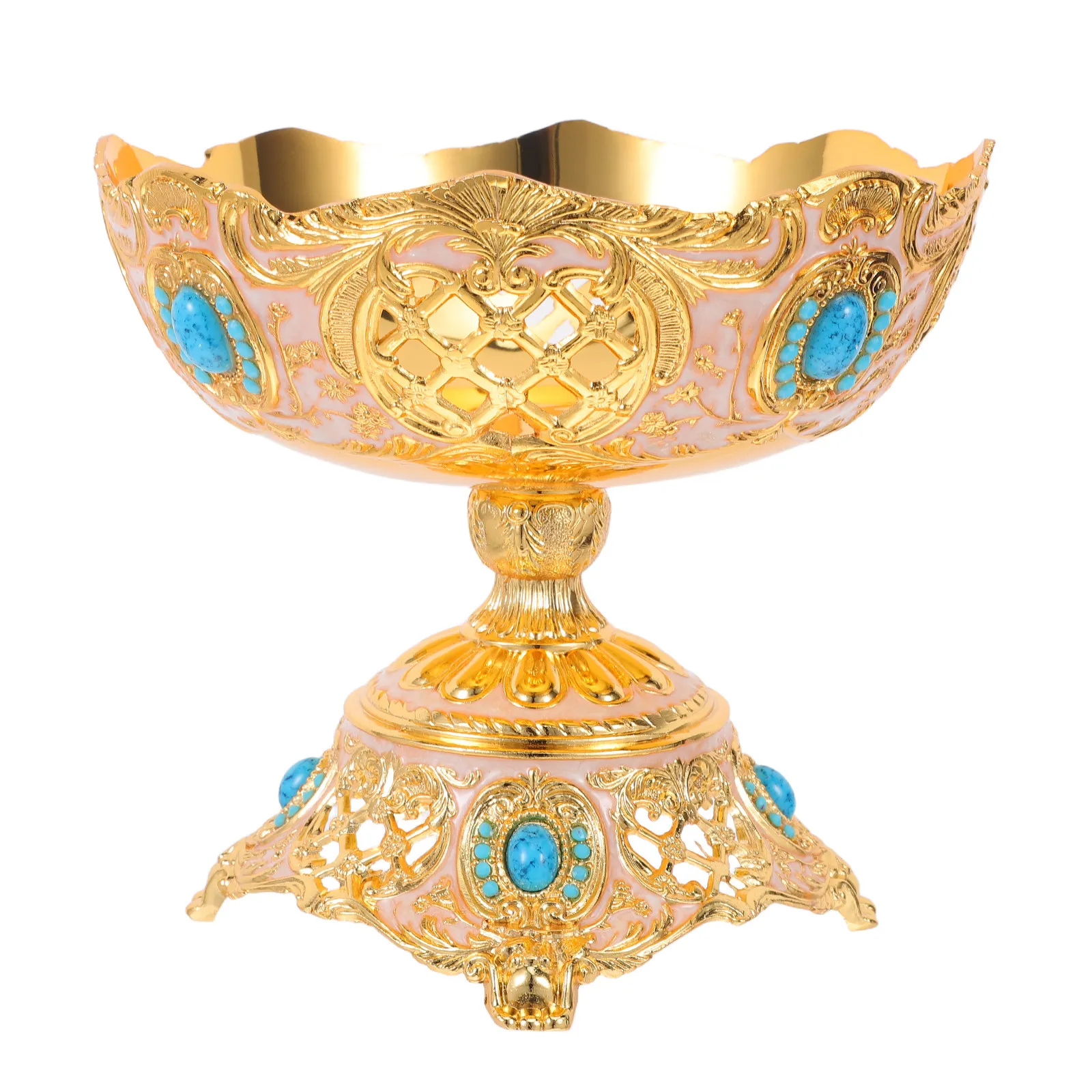 

Retro Zinc Alloy Vintage Fruit Tray Footed Hollow Fruit Holder Golden Metal Plate Decorative Serving Tray for Dining Table