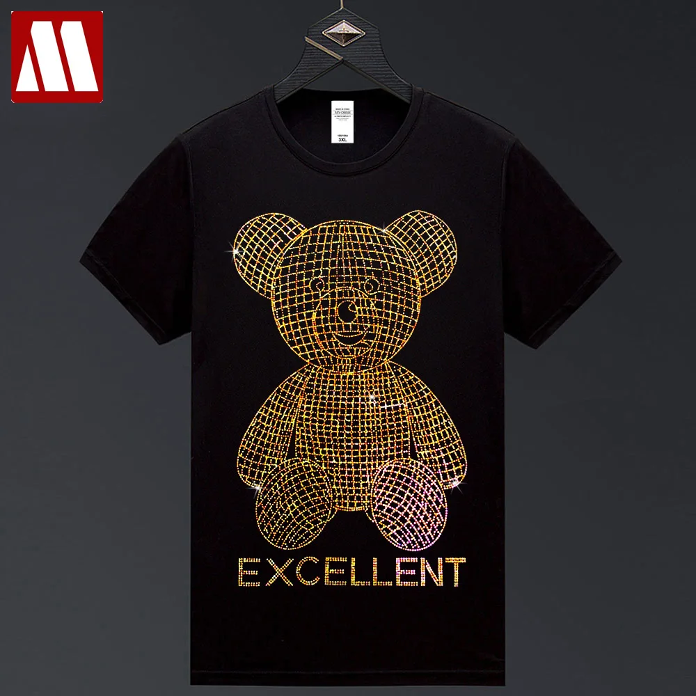 

European Style Summer Fitness T-Shirt For Male Shinny Bear Drilling Cartoon Cotton Tops Mens Fashion Plus Size Short Sleeve Tees