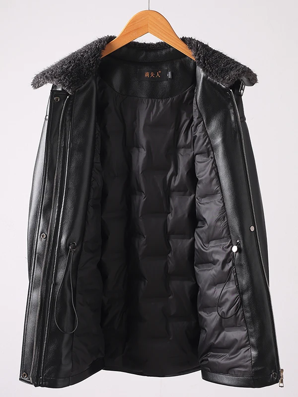Echte Daunen-Lederjacke für Damen, mittellanger Mantel mit Kordelzug an der Taille, lässiger, langärmliger Schaffellmantel