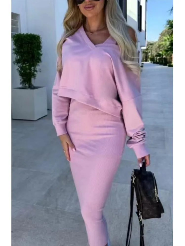

Spring Summer Elegant Style Long-sleeved Dress Set Women's Simple Solid Color Sweatshirt Sweater Top Vest Dress Two-piece Set