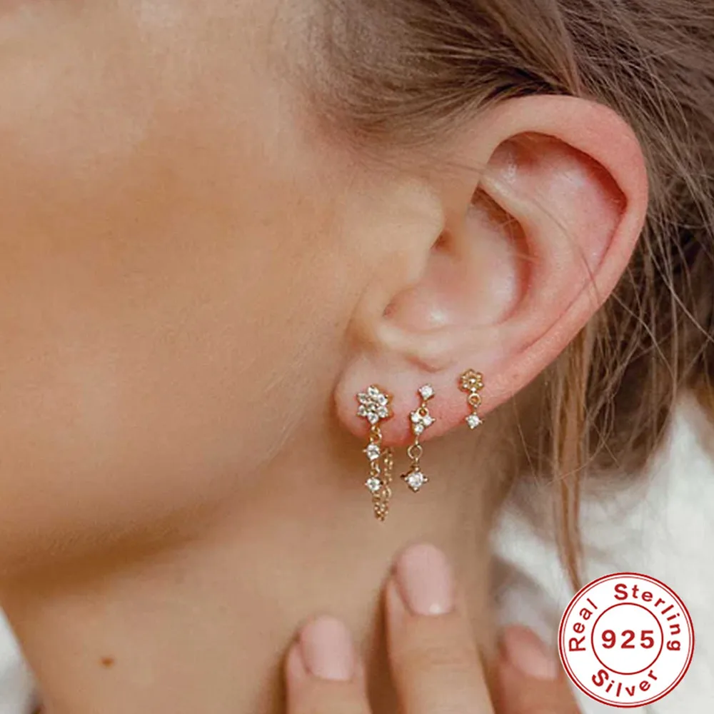 CANNER Real s925 Sterling Silver Earrings Flower Colorful Zircon Stud Earring For Women Girl Long Chain Earring Piercing Jewelry