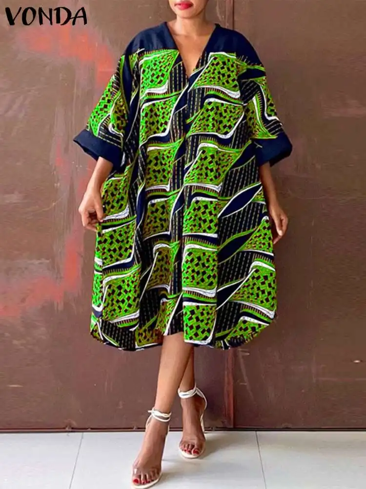 Plus Size 5XL Women Dress 2024 VONDA Summer V Neck Party Sundress Sexy Half Sleeve Bohemian Printed Dress Vestidos Loose Robe