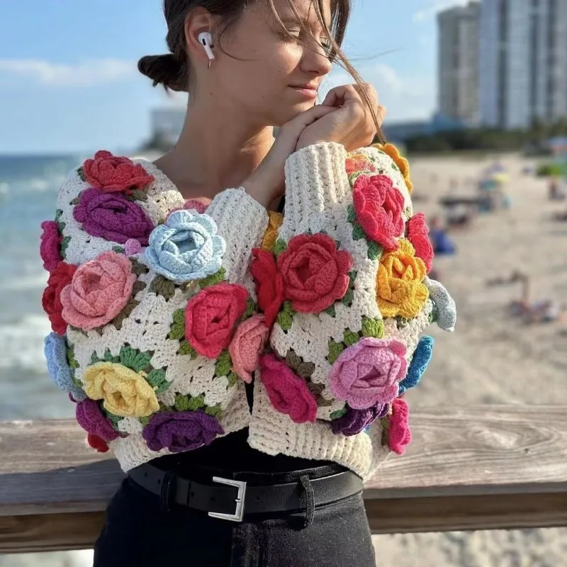

TARUXY Knitted Cardigan Women Autumn Hollow Out Splice Flower Short Sweater Vest Women's Street Fashion Vitage Sweater Woman New