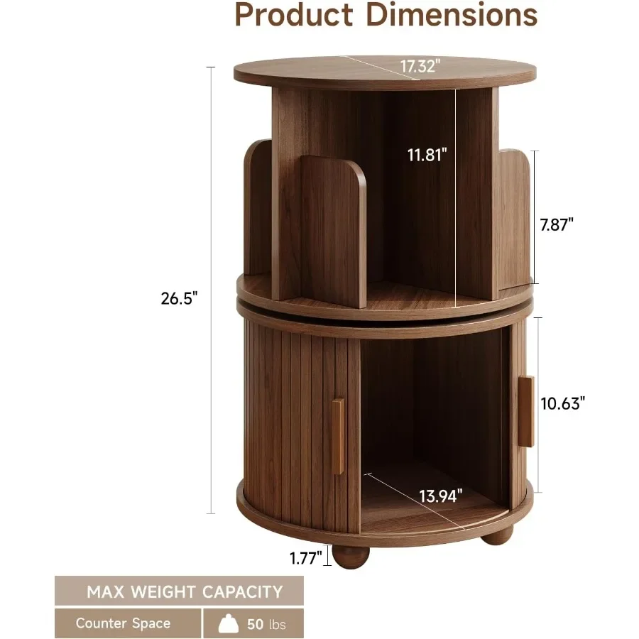Round Fluted End Table with Storage, 360° Rotating Side Tables Wood