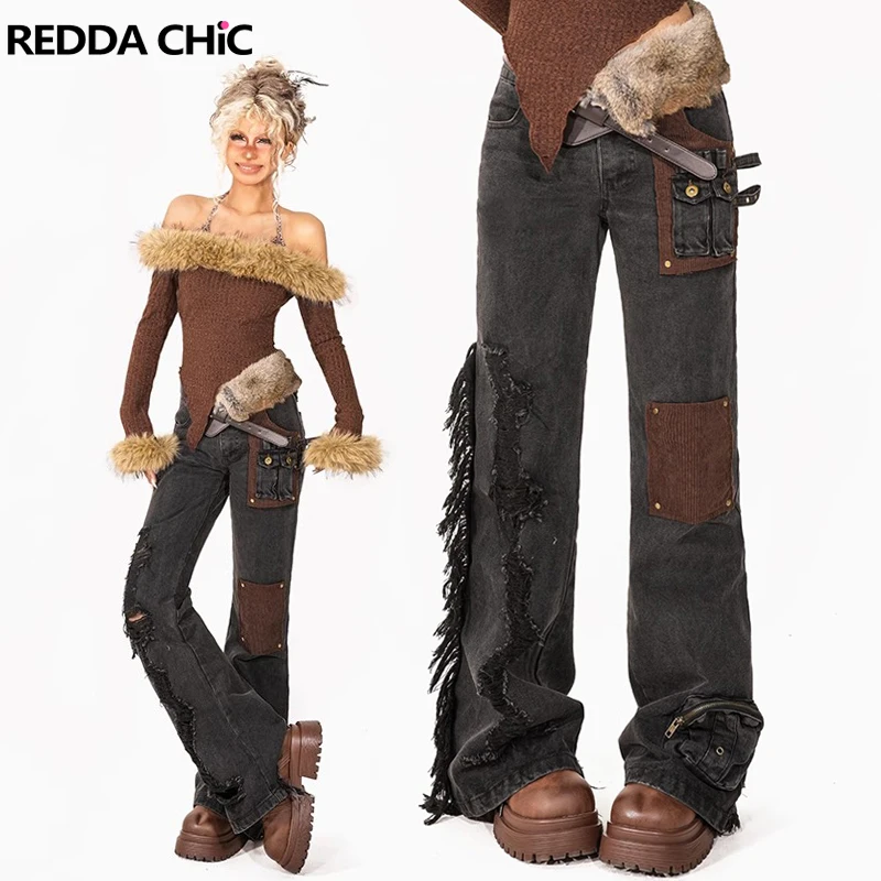 

REDDACHiC Grunge Studded Pockets Cargo Jeans Women Destroyed Tassels Stitch Corduroy Low Waist Flare Pants Cowgirl Retro Clothes