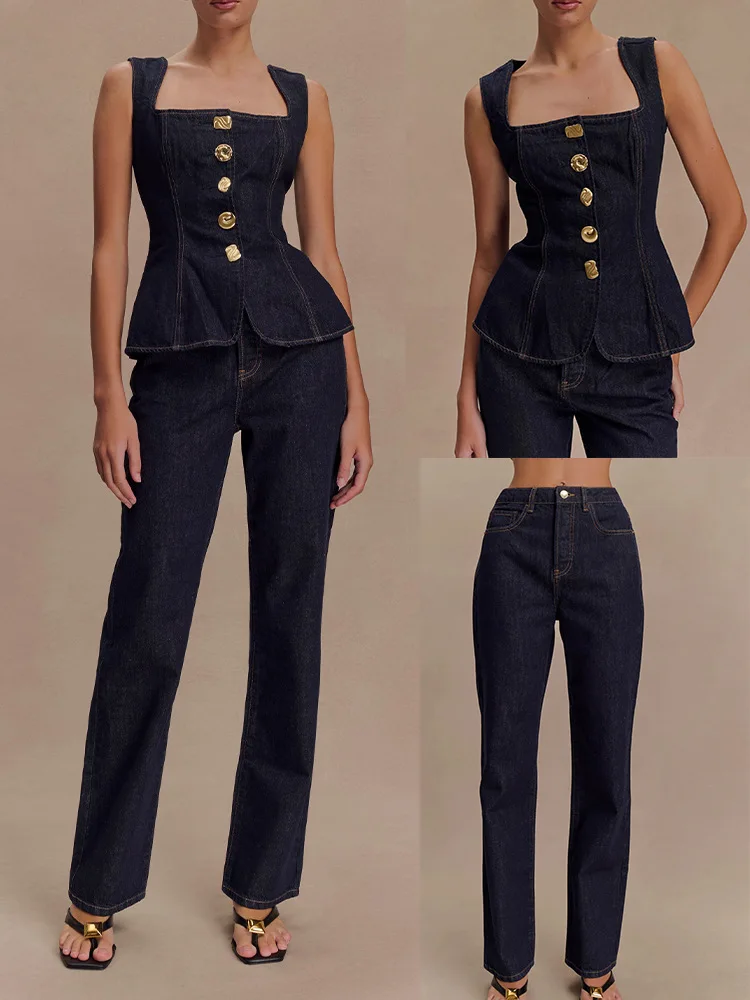 

2025European and American New Women's Clothing Modern Button High Waist Denim Top and Trousers Suit