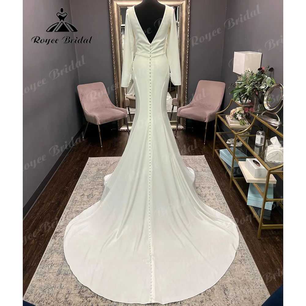 Vintage Plunging Long Sleeve Soft Satin Deep V Neck Wedding Dress for Women Backless 2024 Bridal Gown vestido de noiva sereia