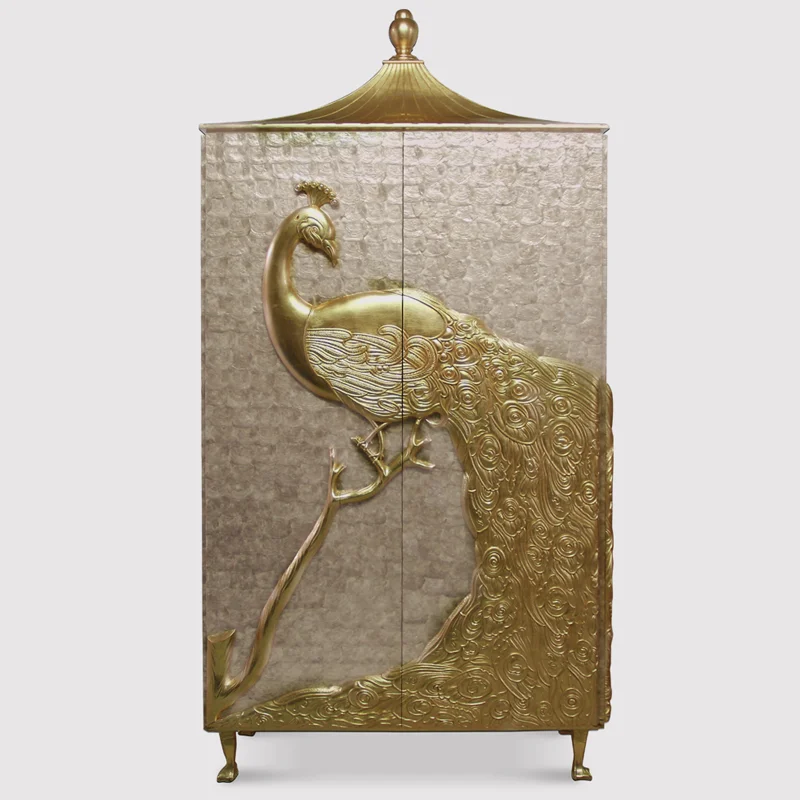 

Solid wood gold and silver foil wardrobe entrance cabinet locker peacock engraved wine cabinet