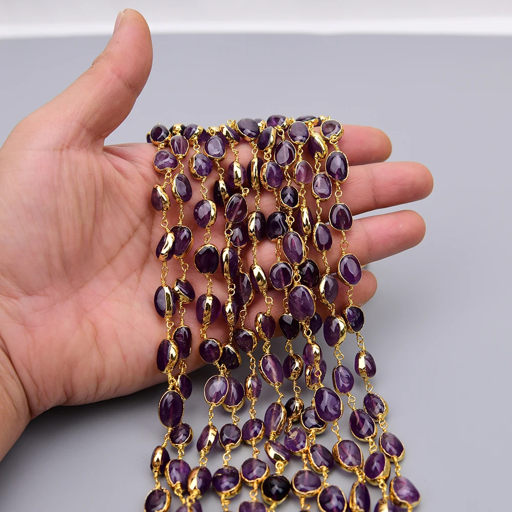 APDGG 1 Meter Natural Purple Amethyst Quartz Loose Beads Gold Edged Chain DIY Jewelry making accessories