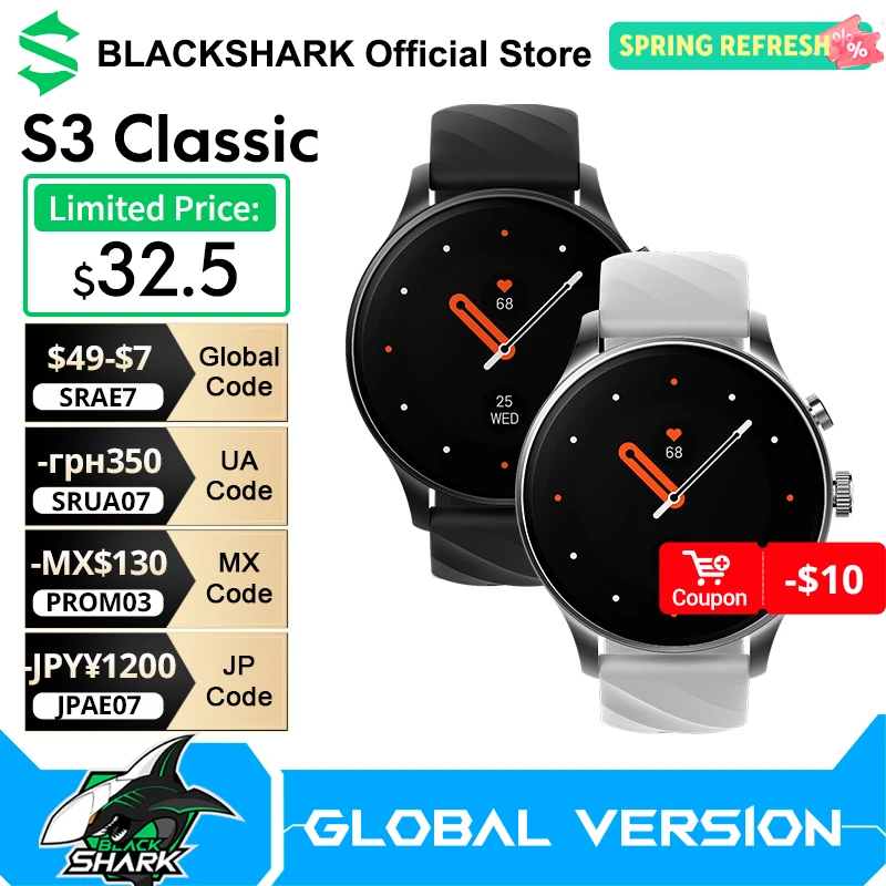 Global Version Black Shark S3 Classic Smartwatch 1.43''AMOLED 120+ Modes Sport Functions 16 Days Battery 3ATM Bluetooth5.4 3ATM