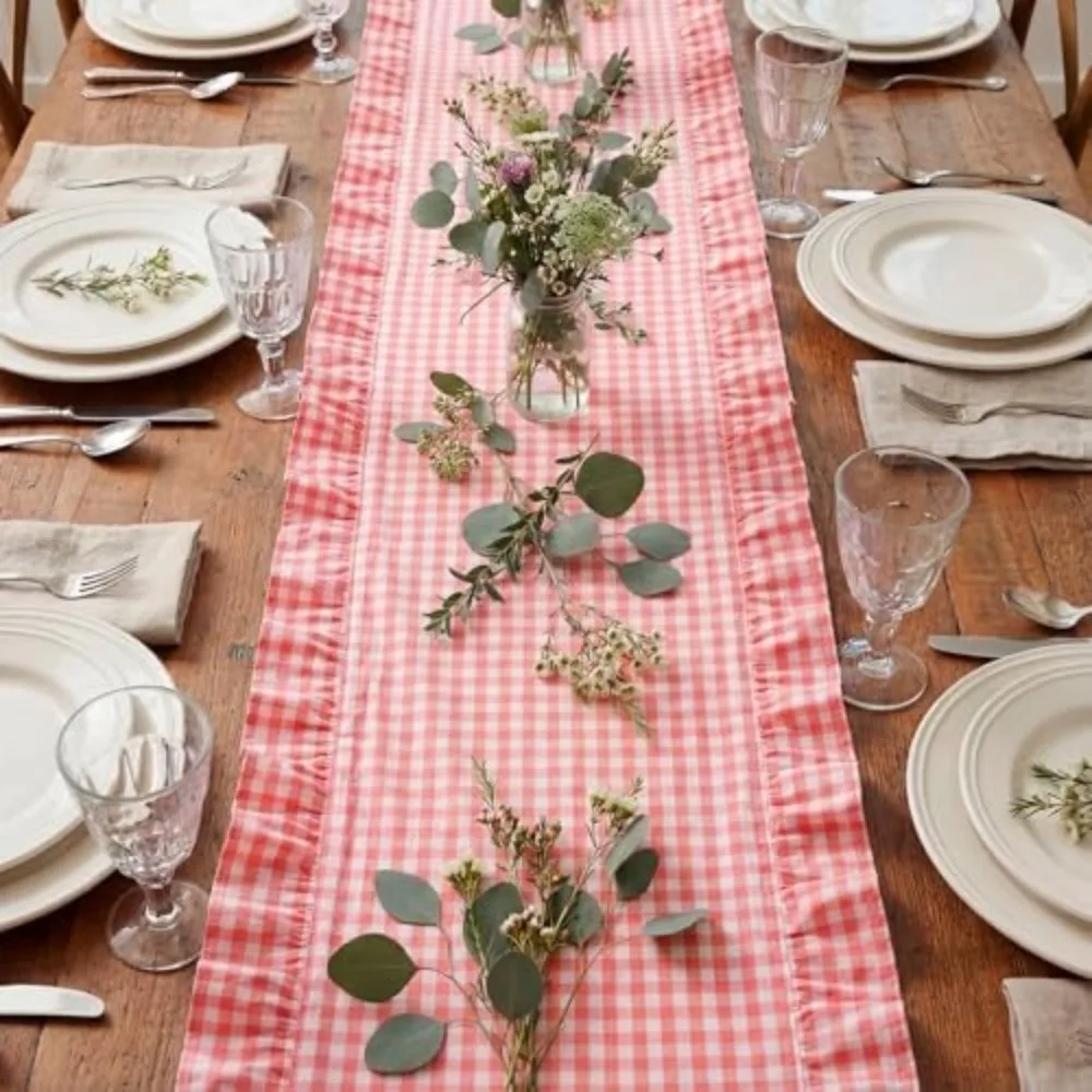 Washed Cotton Table Runner Ruffle Edge Gingham Check Runner Washed Cotton Ruffle French Vintage Soft