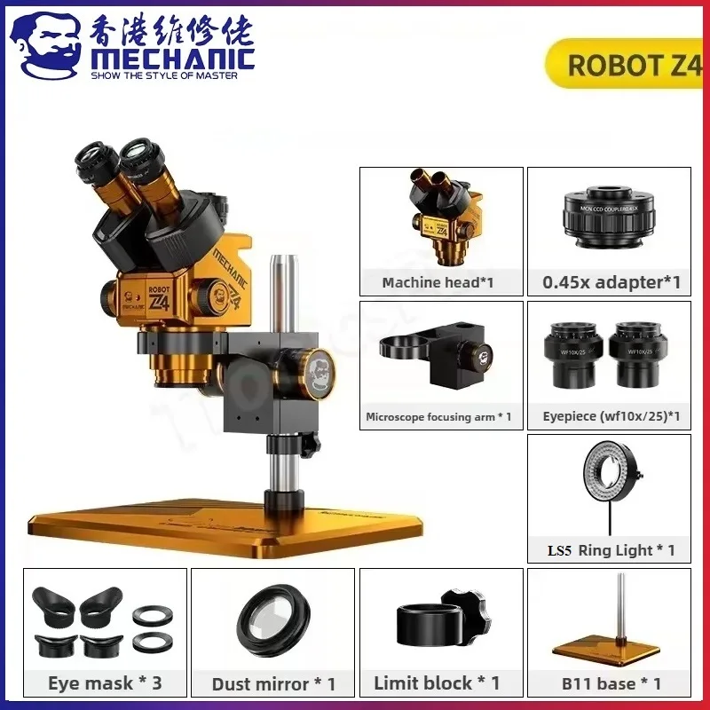MECHANIC ROBOT Z4-B11 Trinocular Stereo Industrial Microscope 6.5-60X Continuous Zoom WF10X25 Eyepiece CCD 0.45X Camera Adapter