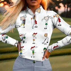 2024 new women's long-sleeved golf Polo shirt cute cartoon print breathable quick-drying autumn and winter zipper golf top