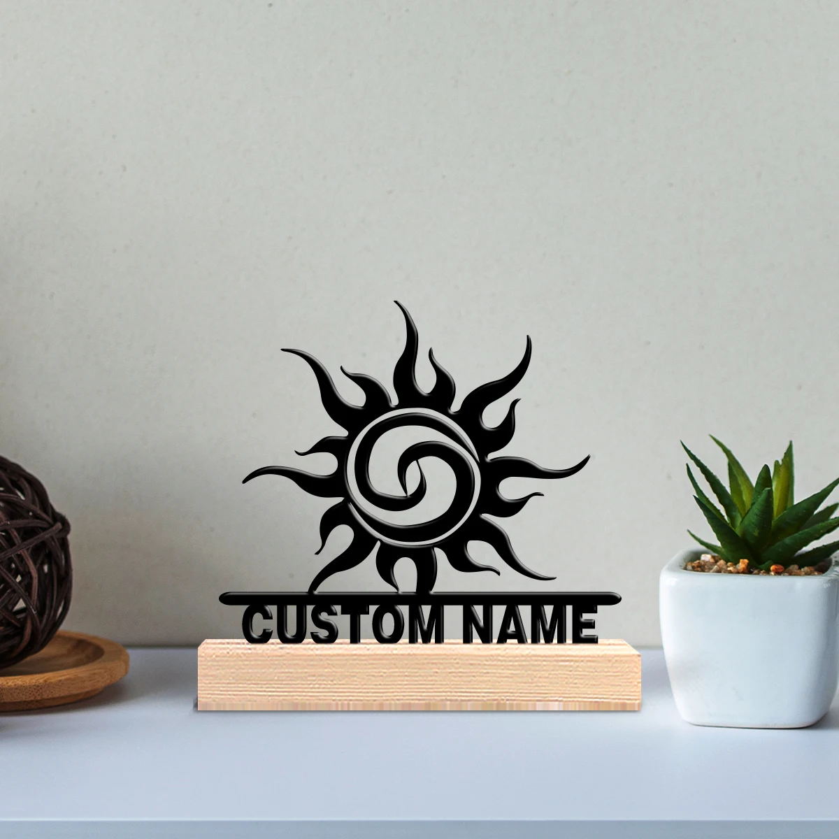 1pc sun example Customized Name Metal Statue Iron Ornament Tin Sculpture With Wood Base For Children Gifts