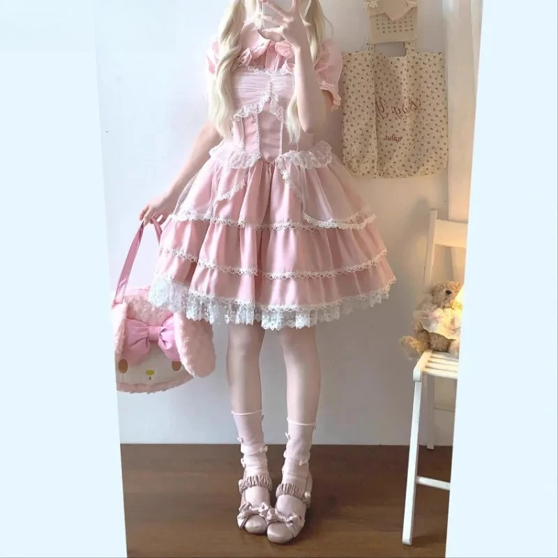 Cintura alta emagrecimento emenda polka dot malha sem mangas vestido de verão doce bonito meninas arco em camadas bolo lolita vestidos curtos