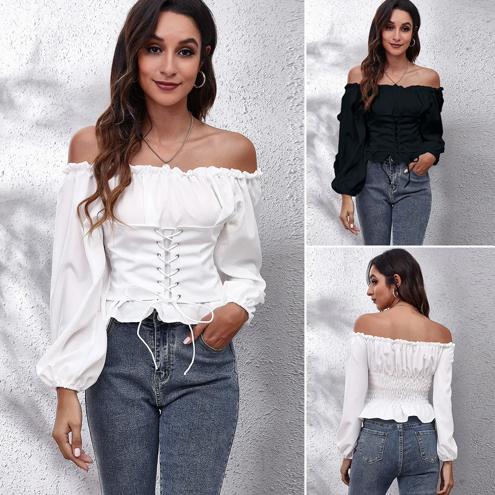 

Explosions before the strap after the elastic pleated lantern sleeve word collar short blouse women's long-sleeved chiffon shirt