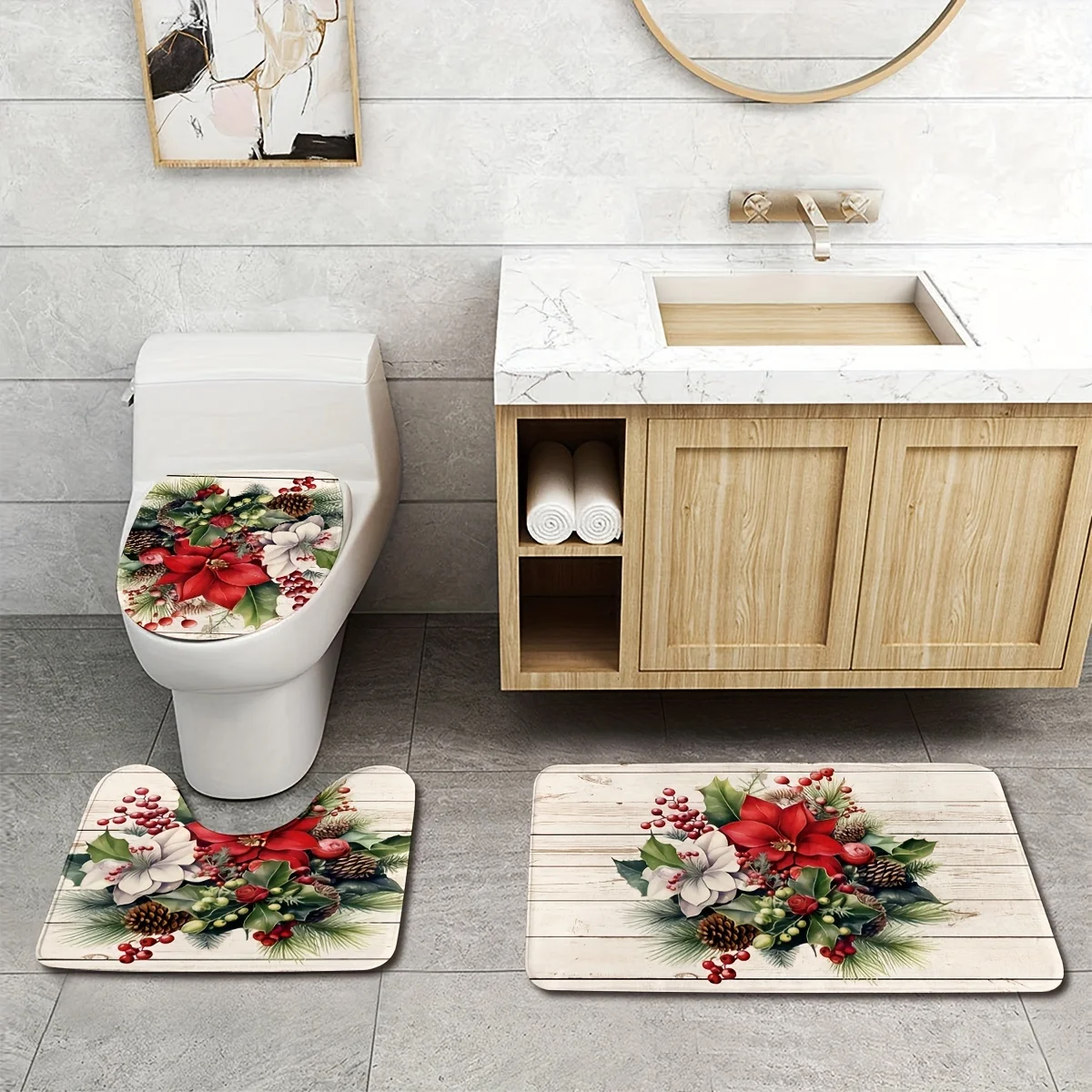 Christmas Pine Needle Flower Pattern Bathroom 3Pcs/set Mats Home Flannel Decorations Accessories Floor Rug Toilet Cover 40*60 CM