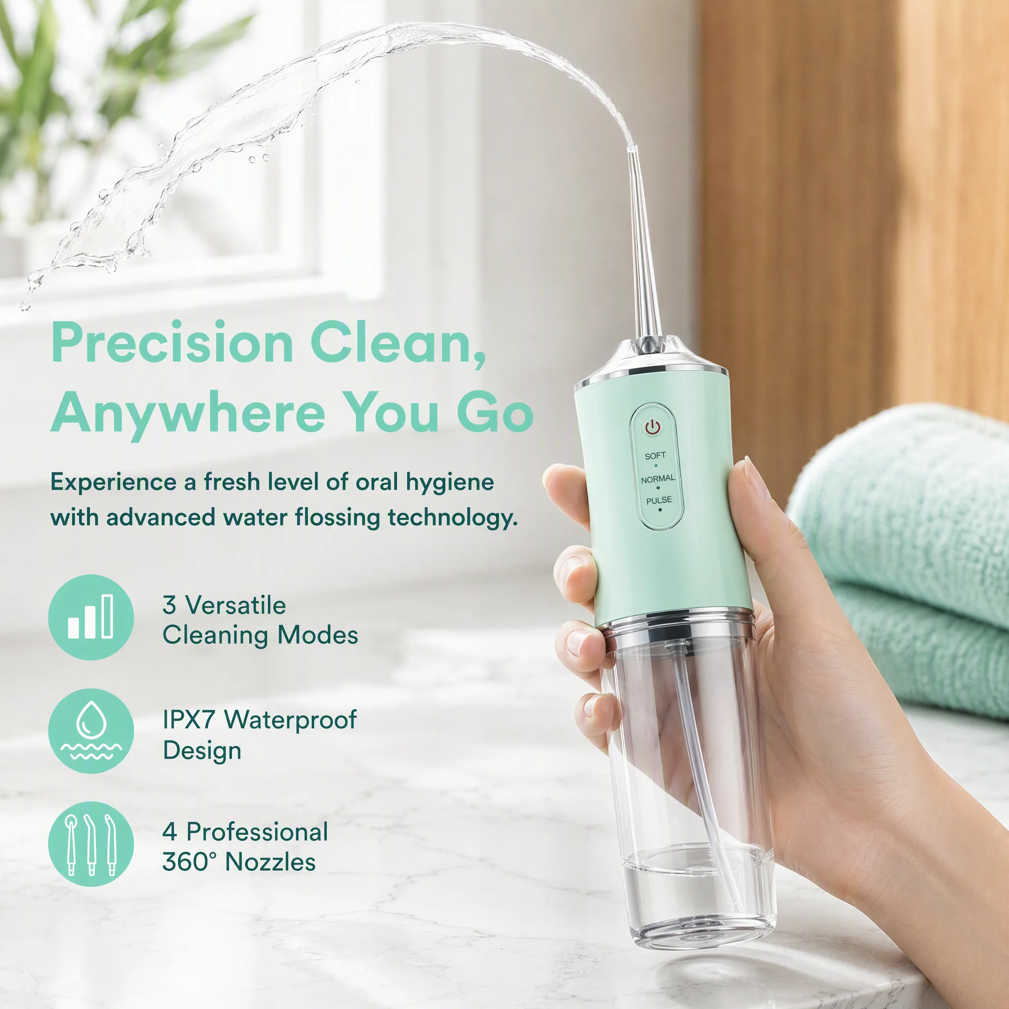Portable Smart Electric Oral Irrigator 4 Jets 3 Modes USB Rechargeable Cordless Water Flosser Jet Irrigator Dental Teeth Cleaner
