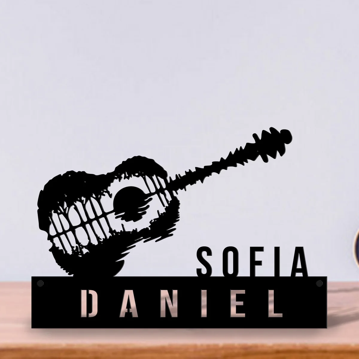 

Гитарный проигрыватель заката, линия искусства, настольный металлический пластинчатый знак, художественное имя, декор для музыканта в жизни, офисная вывеска, табличка, подарок