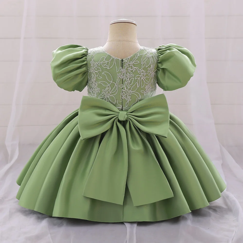 Big Bow Baby Girls Dress Solid Elegant Toddler Kids Christening Birthday Vestidos Weddings Party Kids Girls Princess Puff Sleev