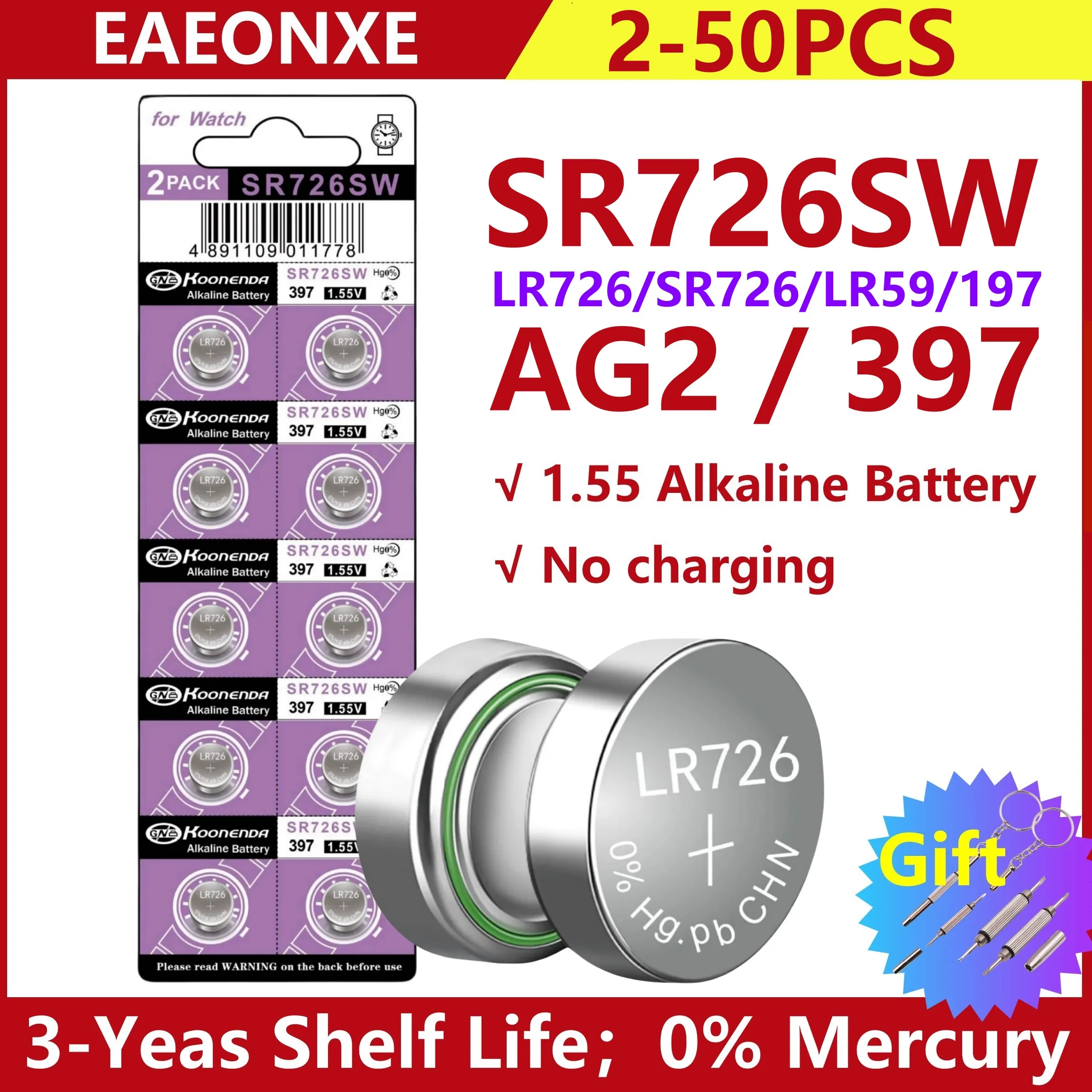 2-50PCS AG2 LR726 397 396 1.55V Button Batteries For Watch Toys Remote SR726 196 SR726SW CX59 L726 Cell Coin Alkaline Battery