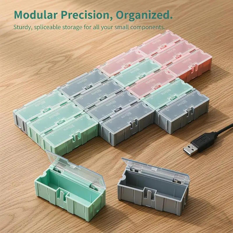 Boîte de rangement en plastique connectable, 5 pièces, boîte électronique SMD SMT, composants électroniques, petites vis, écrous, rondelles, conteneur
