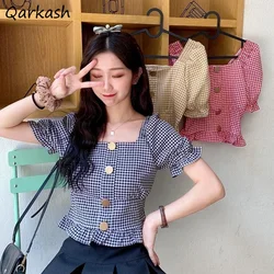 Shirts Women Sweet Square Collar Plaids Simple Abdomen Hipster Mujer Tops Summer Maiden Ruffles Clothing Korean Style Street Ins