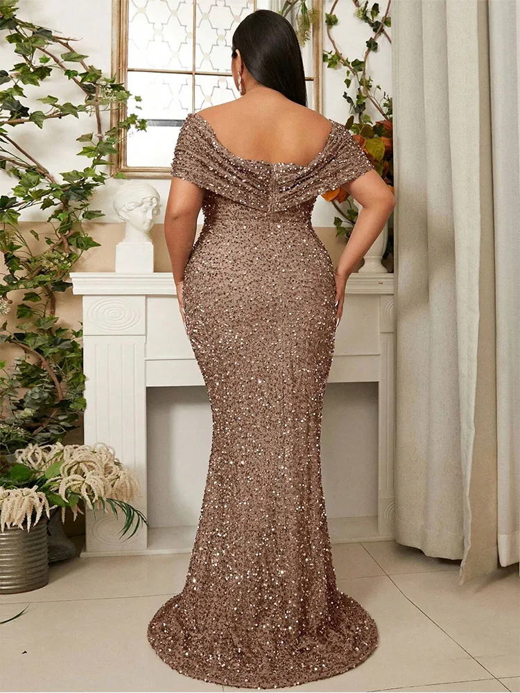 Plus Size Off-Shoulder Waisted Sequined Loose Floor-Length Evening Dress 4XL 5XL Multi-Color Sequined Evening Dress For Women