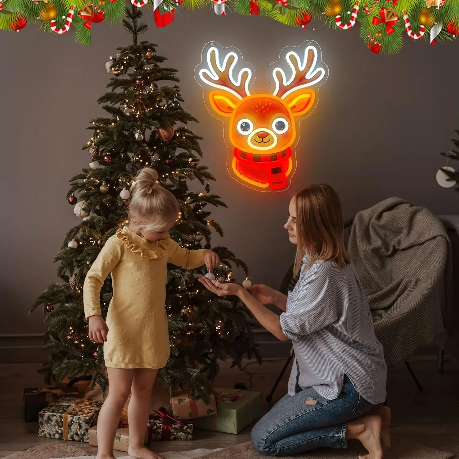 Reindeer Neon Light Christmas LED Glowing Sign for Holiday Party Home Bedroom Bar Gaming Room Wall Decor USB Powered Neon Light