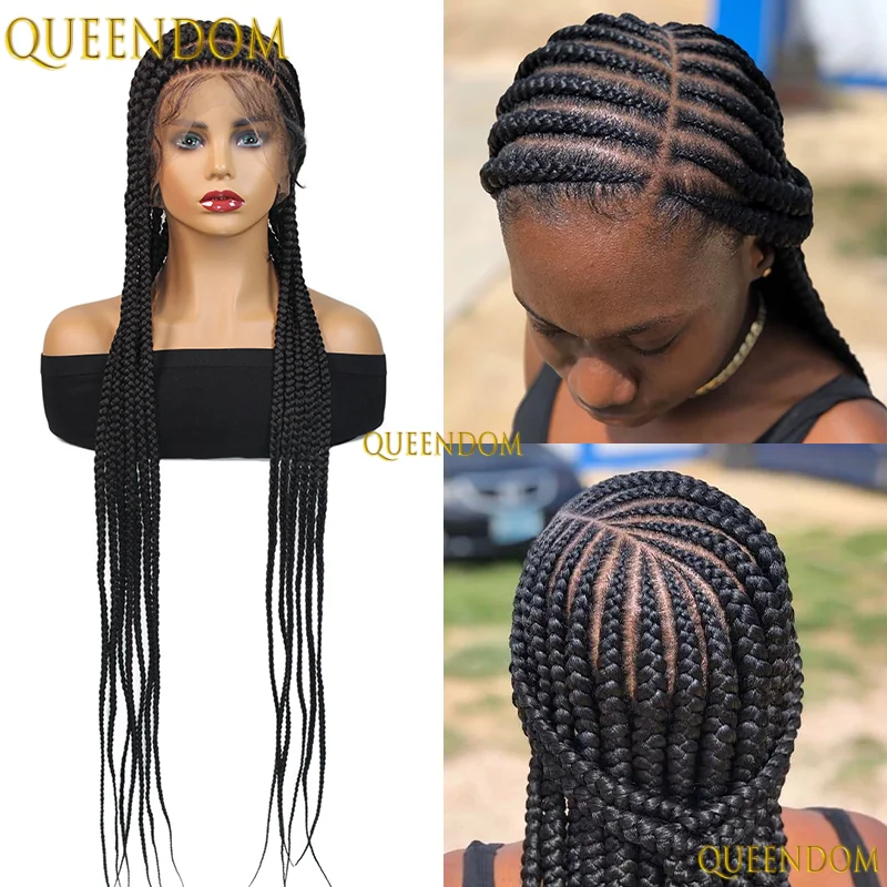 

36" Synthetic Wig Side Part Cornrow Hair Wigs Jumbo Box Braids Wig Lace Front Wigs for Women