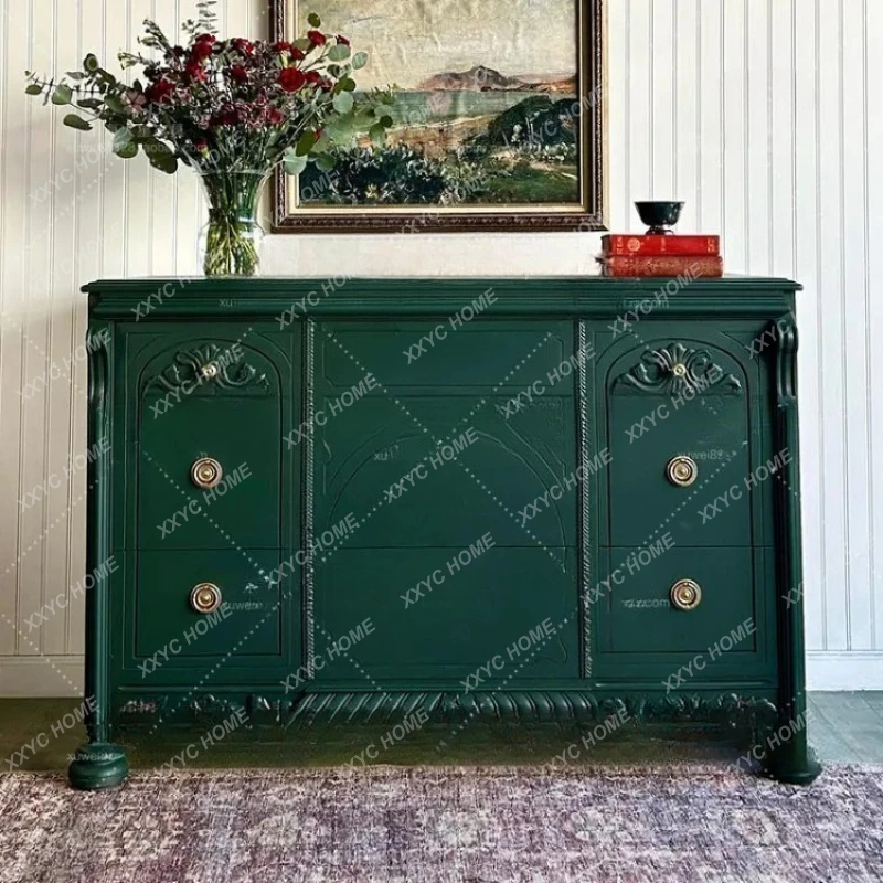 L  vintage solid wood carved foyer entrance  style decoration storage dining side chest of drawers