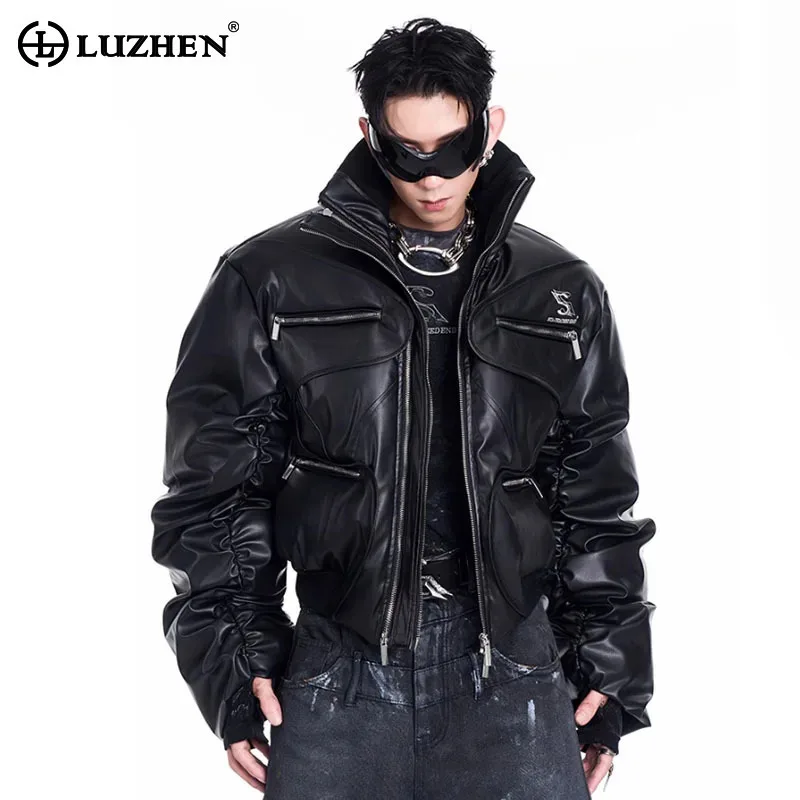 LUZHEN Original Double Zipper Design Thicken Warm Bread Padded Coat Men's 2025 New Solid Color Motorcycles Leather Jacket JY3050
