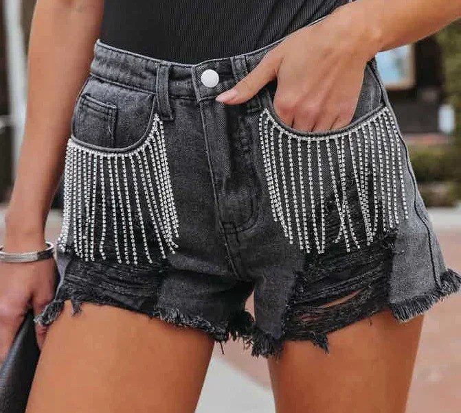 Women Blue Slit Y2k Shorts Jeans Pocket Maxi Spring Summer Tassel Vintage Denim Club E-girl Streetwear Maxi Short Pants E-girl