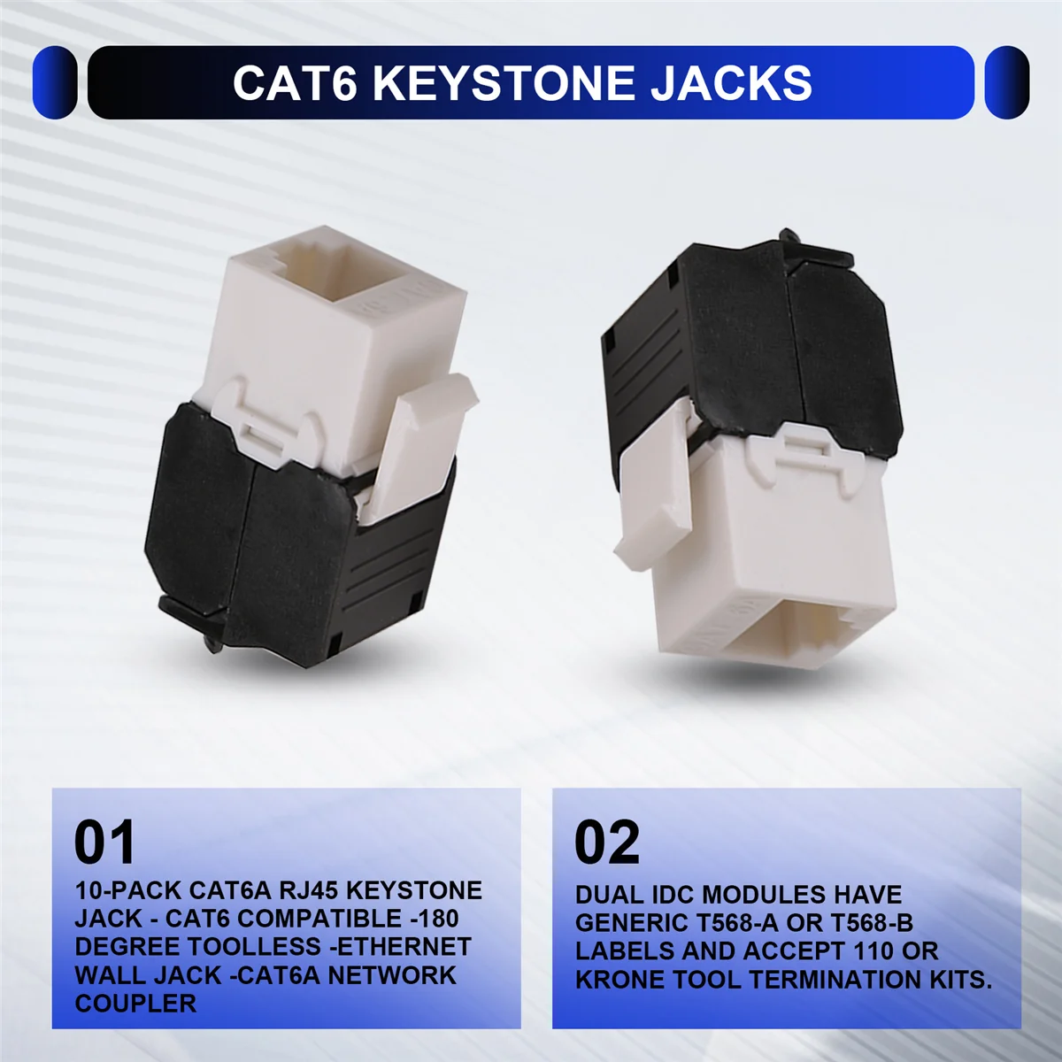 AT4110-Pack Cat6A RJ45 Keystone Jack - Cat6 Compatible -180 Degree Toolless -Ethernet Wall Jack -Cat6A Network Coupler