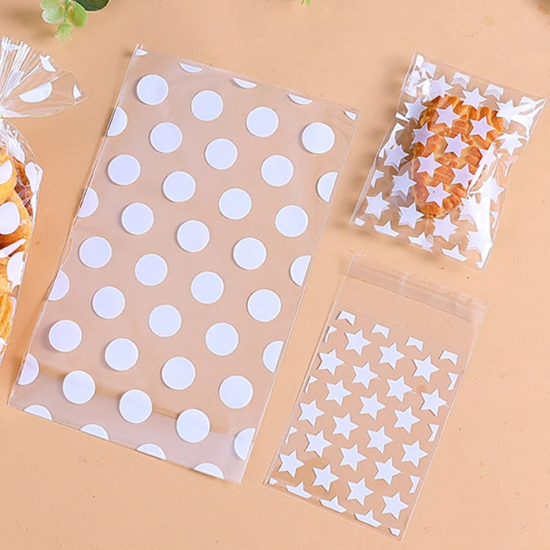 50pcs Transparent Self-adhesive OPP Bags White/Gold Color Star Dot Pattern Bag for DIY Jewelry Packaging Candy Cookie Gift Pouch